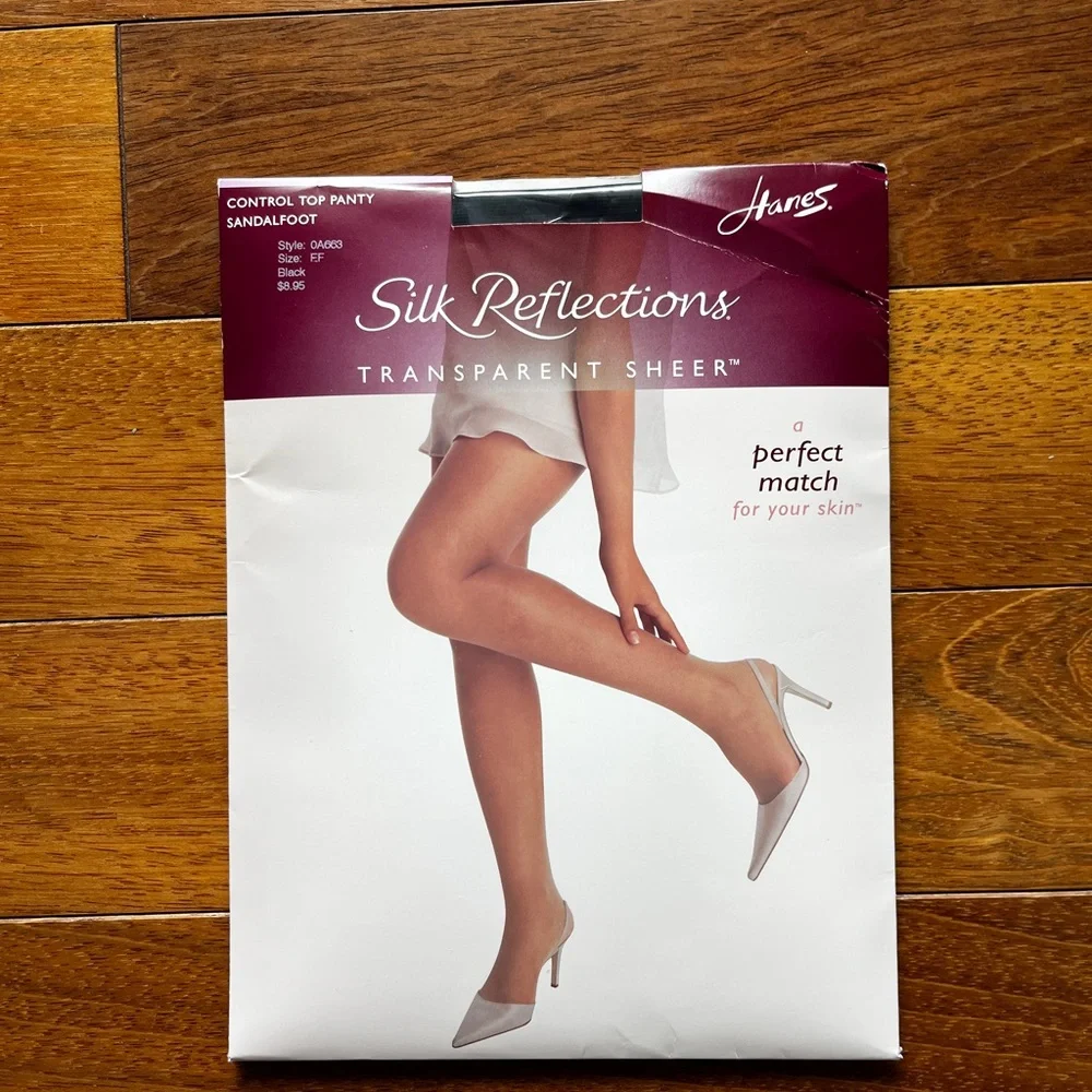 Hanes Silk Reflections Black Transparent Sheer Control Top Sandalfoot Pantyhose